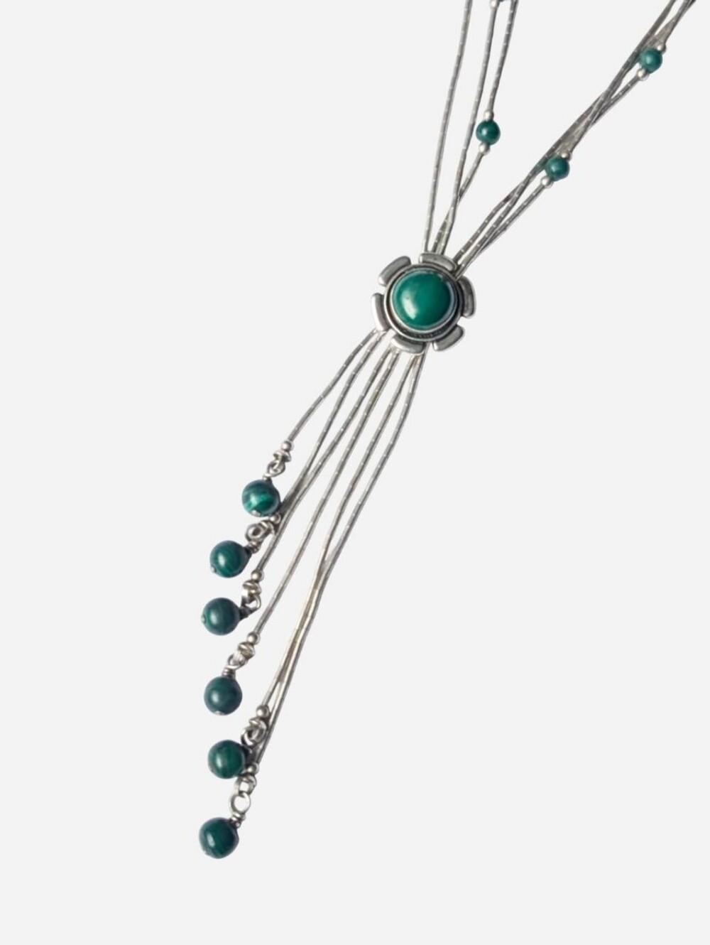 Vintage liquid silver necklace Sterling silver malachite green gem stone 925 QT